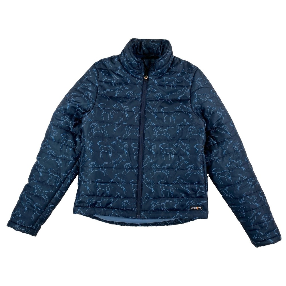 Kerrits Equestrian Puffer Jacket Kids Large Navy Blue Horse Print